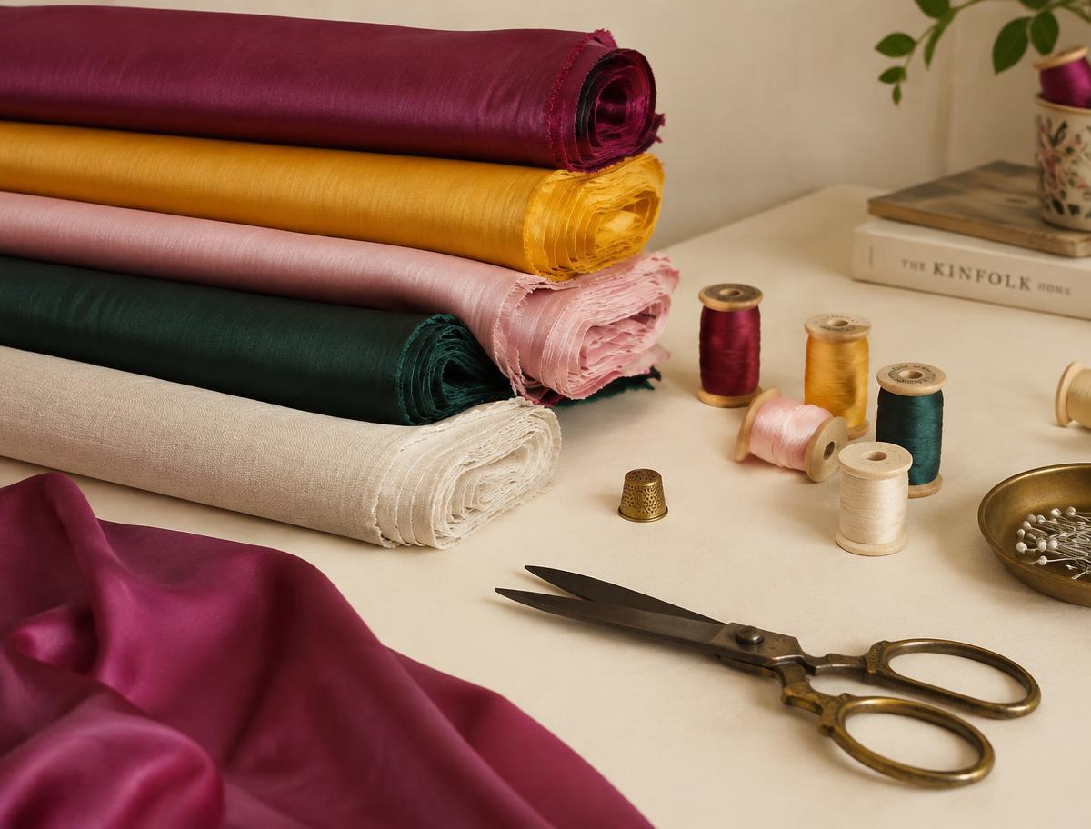 Rolls of silk fabric, thread spools and vintage scissors