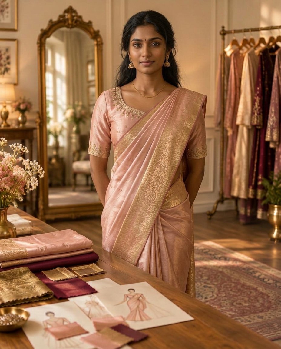 A South Indian woman with dusky brown skin wearing a blush pink silk saree with a gold zari border and a matching blouse, standing in a bright tailoring atelier