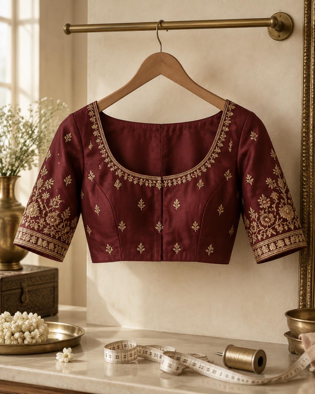 Wine silk saree blouse with gold embroidery hanging on a wooden hanger