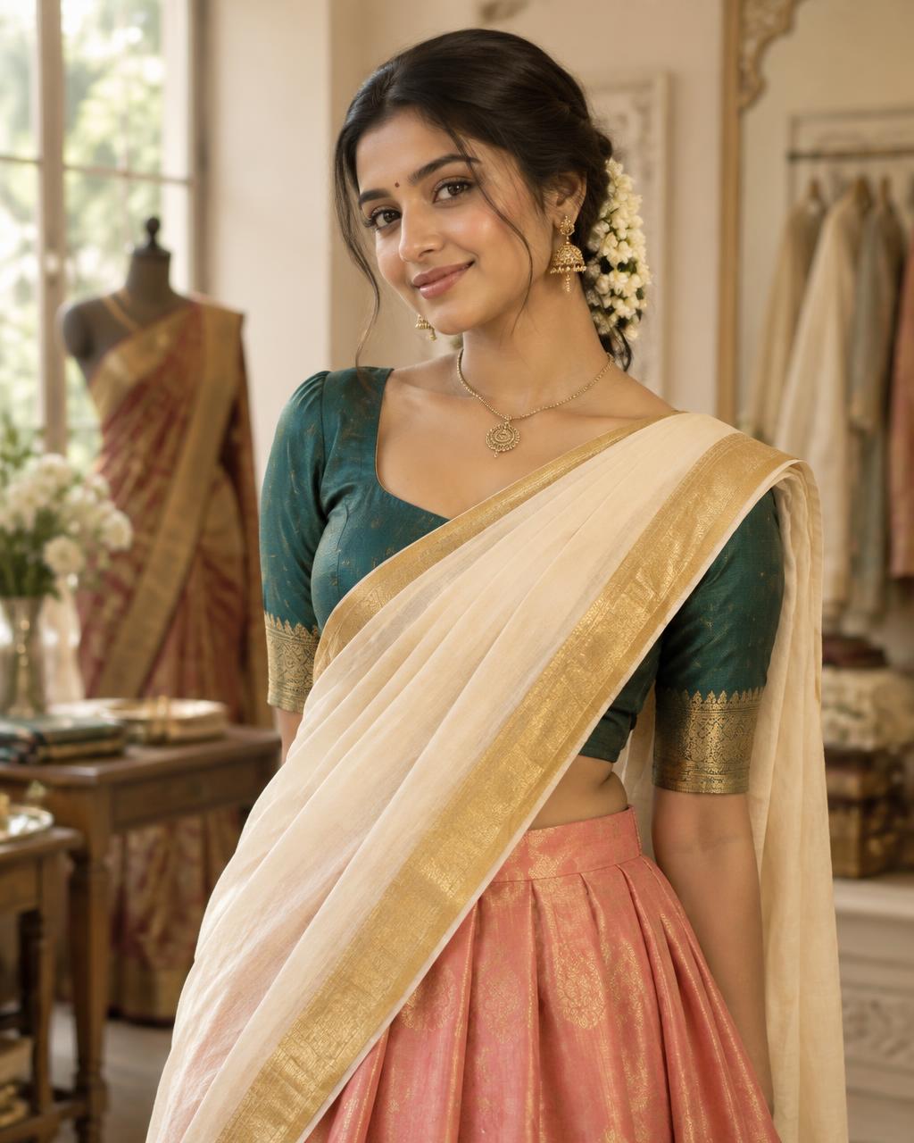 Coral & teal half saree