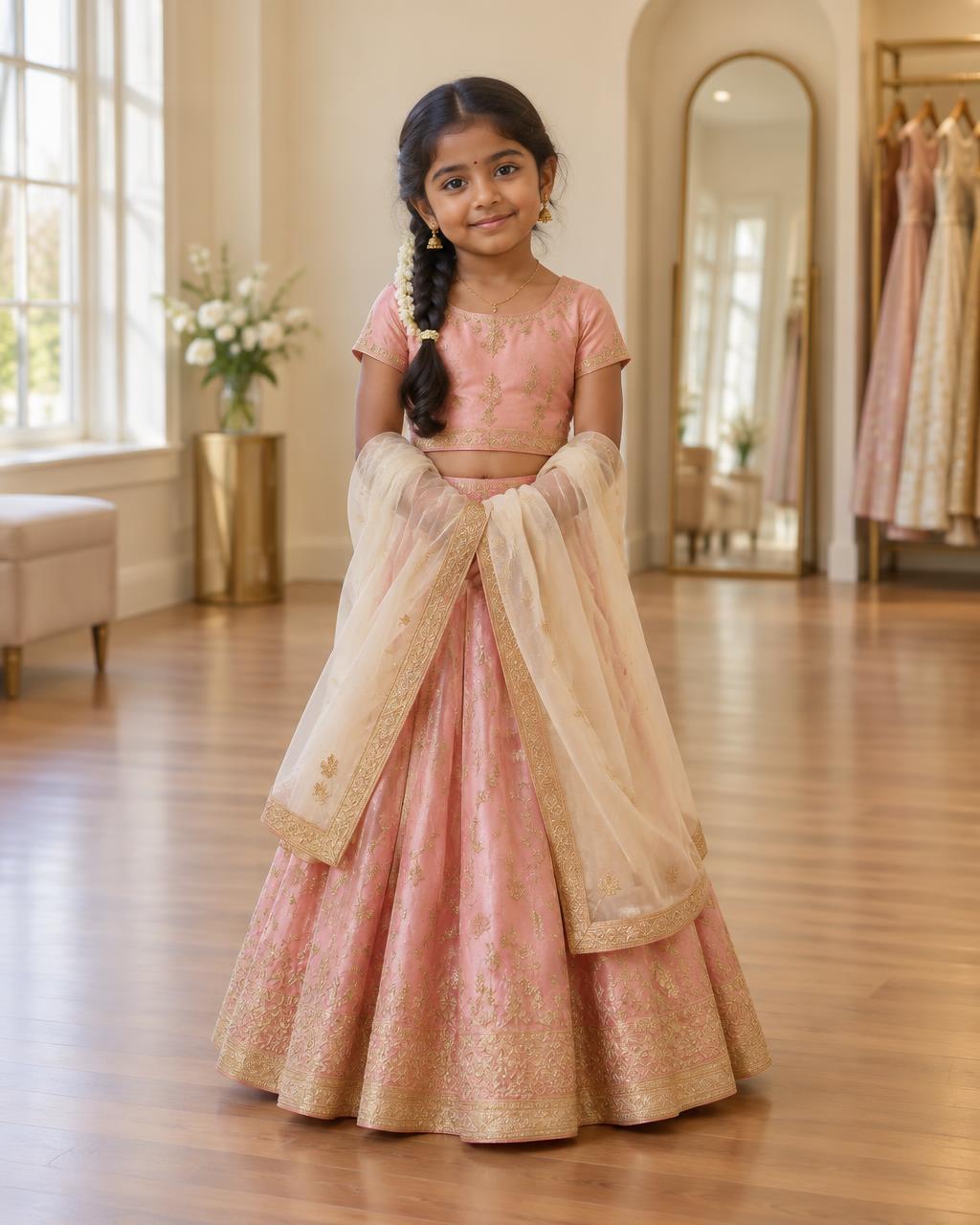 Full-length view of a young girl in a rose-pink kids lehenga with gold embroidery, showing the choli, flared skirt and cream dupatta from head to toe
